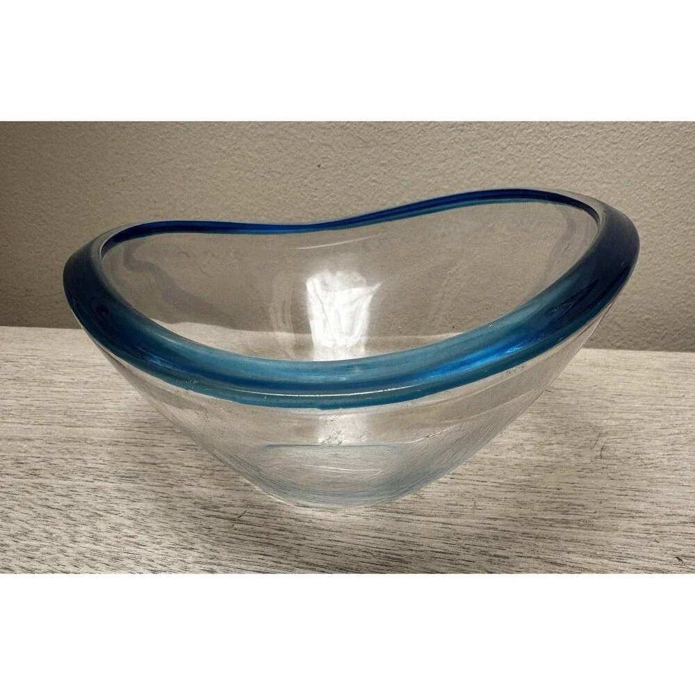 Holmegaard Selandia Style Art Glass Bowl Blue Rim Tri-Corner 7